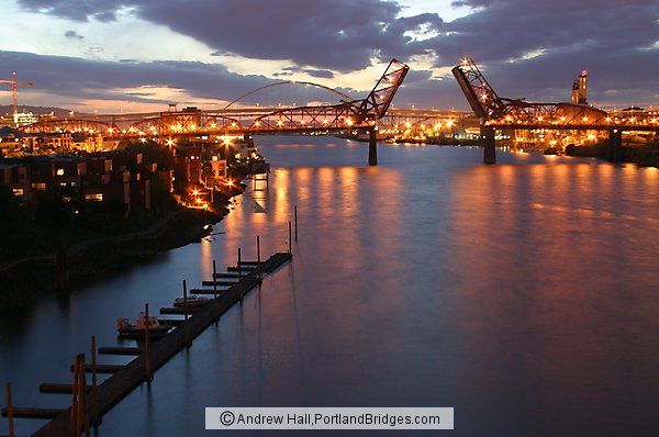 Willamette River, McCormick Pier, Broadway Bridge, Open, Dusk (Portland, Oregon)