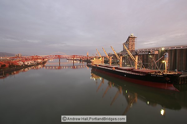 Grain Ship, Broadway Bridge, Willamette River Reflection, Morning (Portland, Oregon)