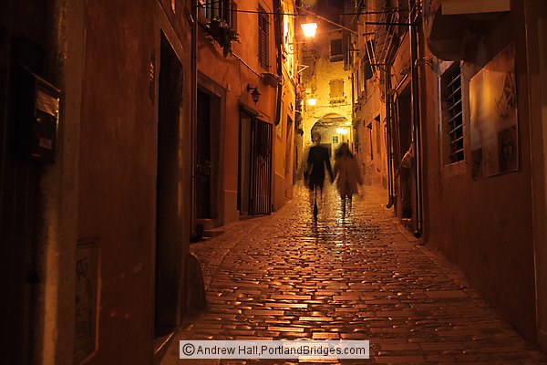 Old Town Street, People Walking at Night