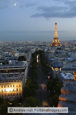 Eiffel Tower from top of Arc de Triomphe, Paris, Dusk, Lighted