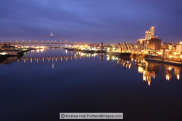 Fremont Bridge, Reflection in Willamette River, Grain Ship, Dusk