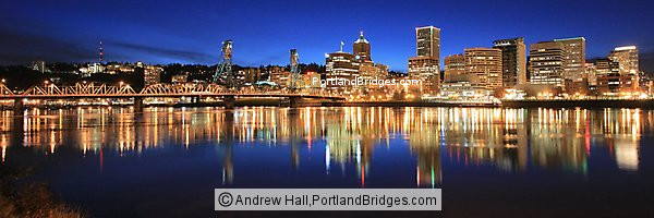 Portland Cityscape, Panoramic, Dusk, Reflections