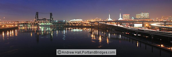 Portland Waterfront, Dusk, Reflections, Steel Bridge, Oregon Convention Center