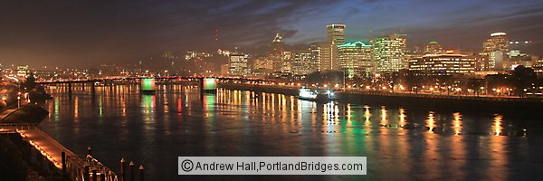 Portland, Oregon Cityscape, Reflections, Morrison Bridge, Lit, Dusk