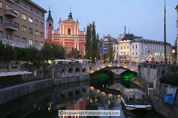 Ljubljana Triple Bridge at Dusk, reflections