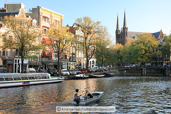 Boat, Canal, Church, Amsterdam