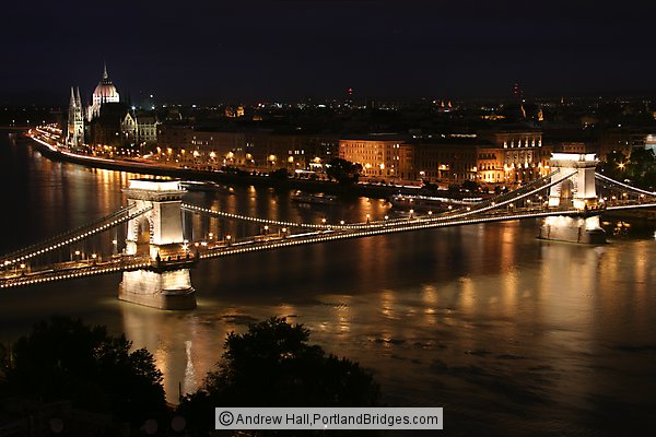 Chain Bridge, Danube River, Parliament Building at Dusk, Budapest