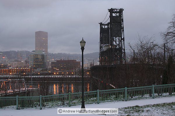 Steel Bridge, US Bancorp Tower, Snowy, Dusk (Portland, Oregon)