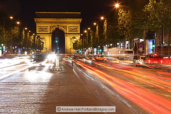 Arc de Triomphe at Night, Champs-lyses, Car Light Streaks