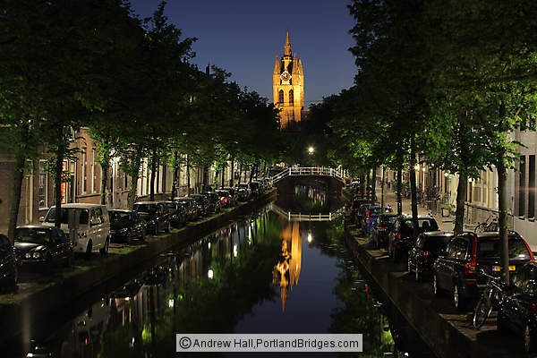 Delft Old Church, Canal, Reflection, Night