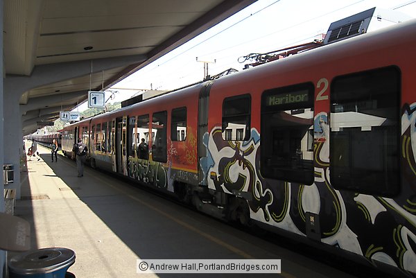 Slovenian Train with graffiti at Maribor Train Station