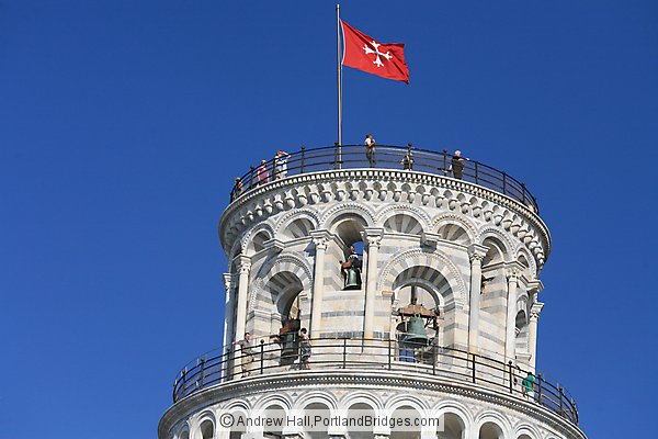 Top of Tower of Pisa, with flag of Pisa