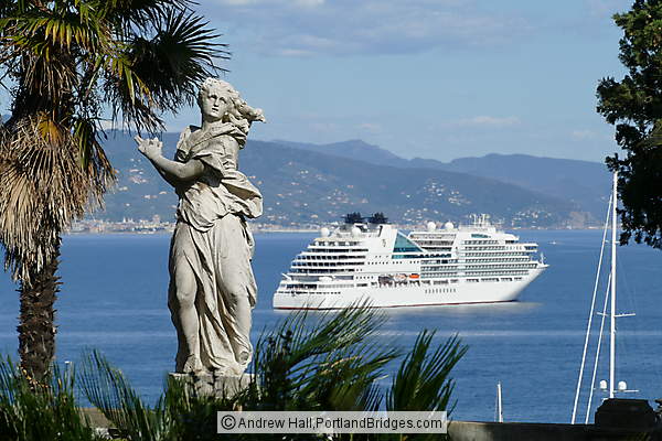 Cruise ship in harbor, statue, Santa Margherita Ligure