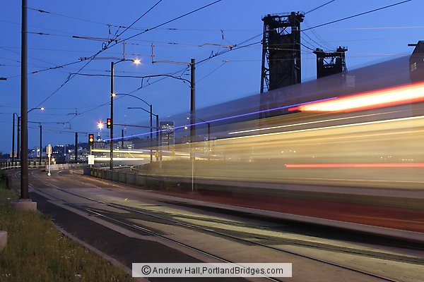 MAX Train Going Across Steel Bridge, Long Exposure, Light Streaks (Portland, Oregon)