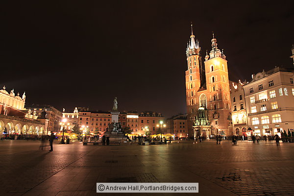 Rynek, St. Mary's Church at Night, Krakow, Poland