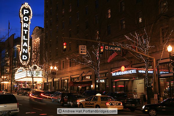 Schnitzer Portland Sign at Night, Broadway, Heathman Hotel