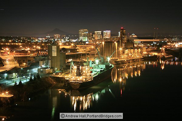 Willamette River before Daybreak, Grain Ships, from Fremont Bridge