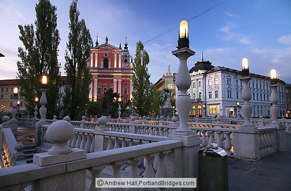 Triple Bridge, Franciscan Church, Dusk, Ljubljana, Slovenia