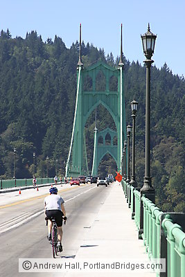 St. Johns Bridge with cyclist (during Bridge Pedal 2005) (Portland, Oregon)