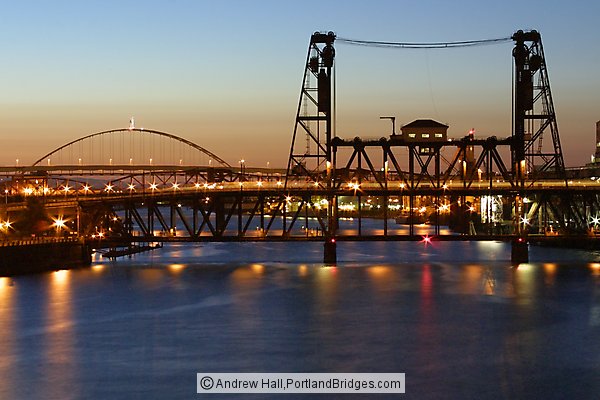 Steel Bridge and Fremont Bridge, Dusk, Willamette River (Portland, Oregon)