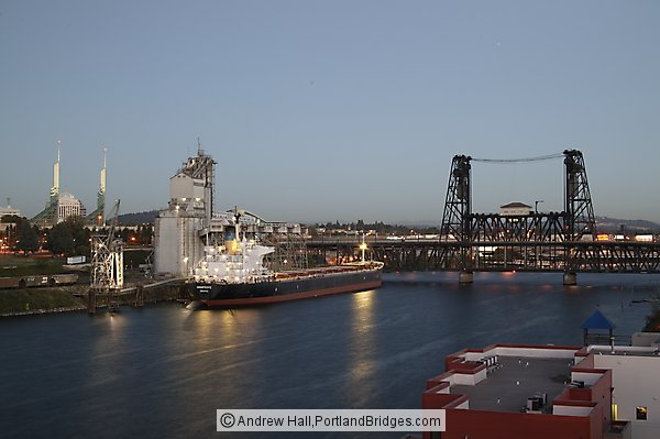 Willamette River, Grain Ship, Steel Bridge, Dusk