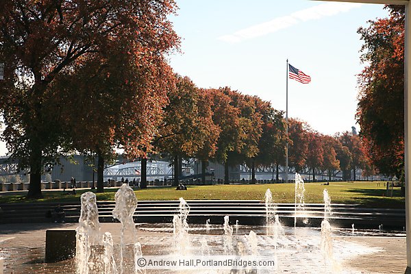 Tom McCall Waterfront Park, Fountains, Fall Leaves (Portland, Oregon)