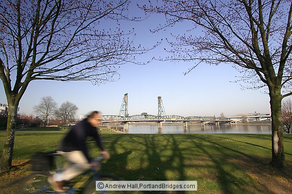 Hawthorne Bridge, Bicyclist, Tom McCall Waterfront Park, Daytime (Portland, Oregon)