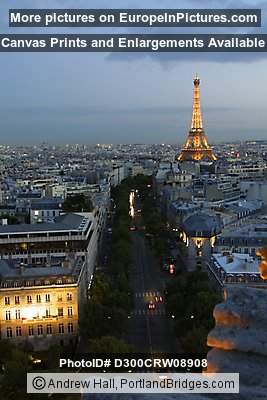 Eiffel Tower from top of Arc de Triomphe, Paris, Dusk, Lighted