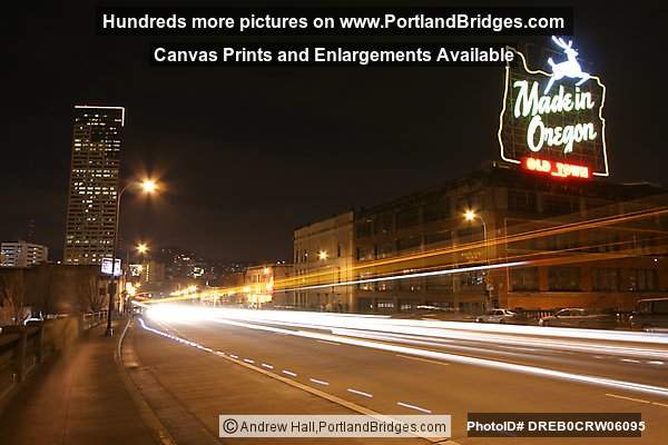 Made in Oregon Sign, Burnside Bridge, Car Lights, Night (Portland, Oregon)