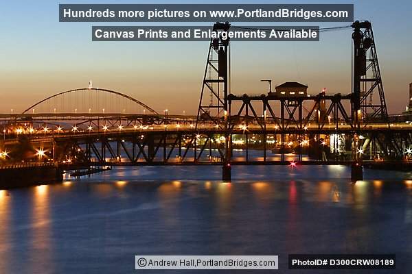 Steel Bridge and Fremont Bridge, Dusk, Willamette River (Portland, Oregon)