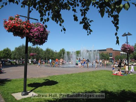 Downtown Beaverton park, fountain, and library, on a hot hot summer day