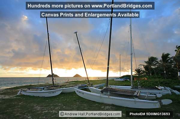 Oahu, Hawaii:  Lanikai Beach, at Sunrise, Boats