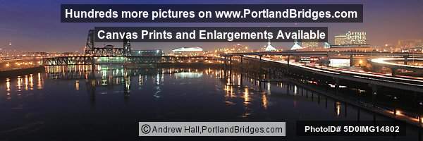 Portland Waterfront, Dusk, Reflections, Steel Bridge, Oregon Convention Center