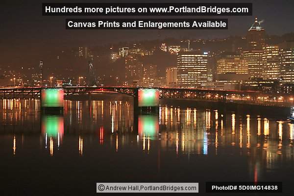 Portland, Oregon Cityscape, Reflections, Morrison Bridge, Lit, Dusk