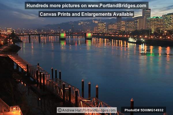 Portland, Oregon Cityscape, Reflections, Morrison Bridge, Lit, Dusk