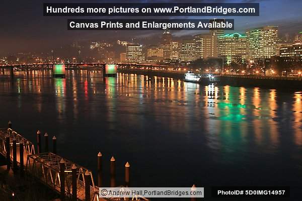 Portland, Oregon Cityscape, Reflections, Morrison Bridge, Lit, Dusk