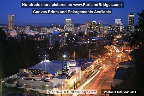 Portland Cityscape, light streaks, facing east, dusk