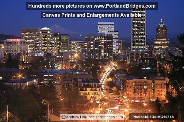 Portland Cityscape, light streaks, facing east, dusk