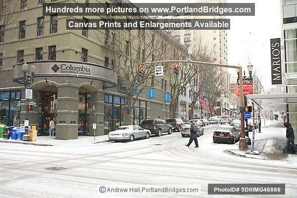 SW Broadway, Taylor Street, Columbia Sportswear, Snow (Portland, Oregon)