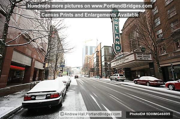 SW Broadway, Portland Schnitzer Sign, Snow