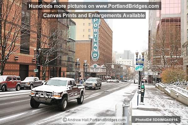 SW Broadway, Portland Schnitzer Sign, Snow