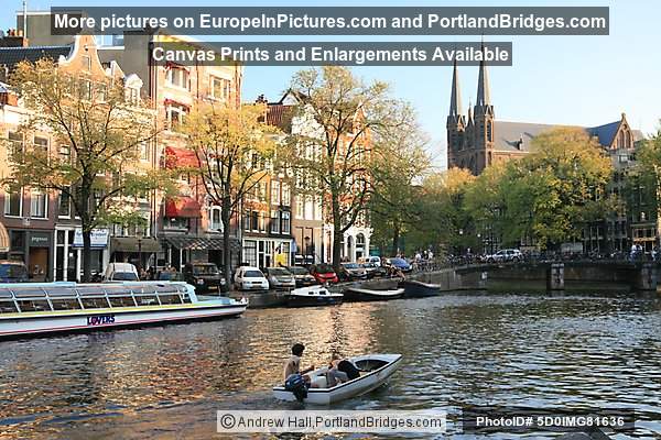 Boat, Canal, Church, Amsterdam