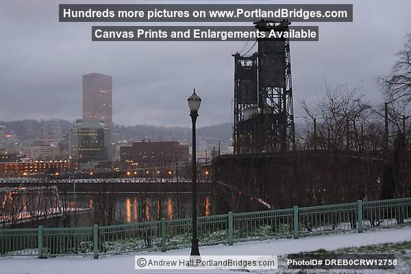 Steel Bridge, US Bancorp Tower, Snowy, Dusk (Portland, Oregon)