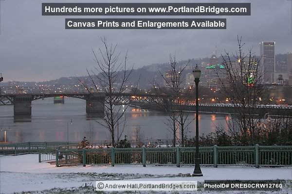 Portland Downtown from Snowy bank of Willamette River