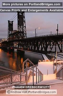 Steel Bridge from Snowy Bank of Vera Katz Eastbank Esplanade (Portland, Oregon)