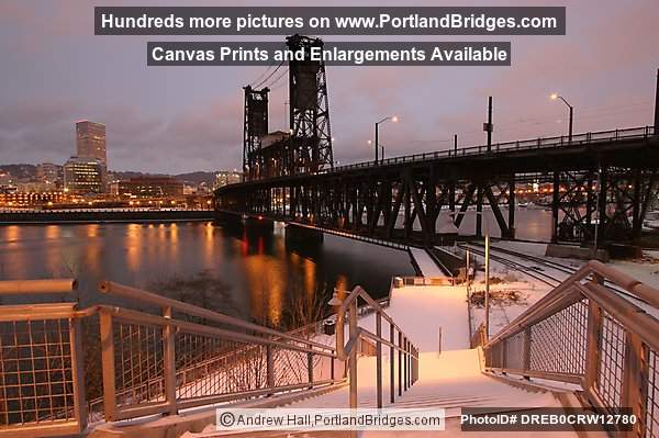 Steel Bridge from Snowy Bank of Vera Katz Eastbank Esplanade (Portland, Oregon)