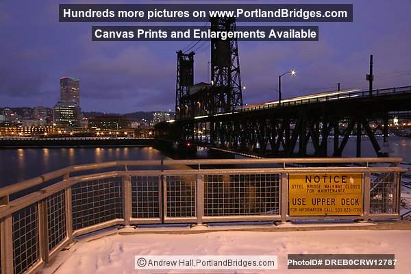 Steel Bridge from Snowy Bank of Vera Katz Eastbank Esplanade (Portland, Oregon)