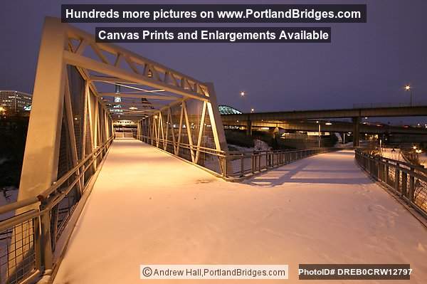 Rose Quarter Pedestrian Bridge to Eastbank Esplanade, Snowy, Night (Portland, Oregon)