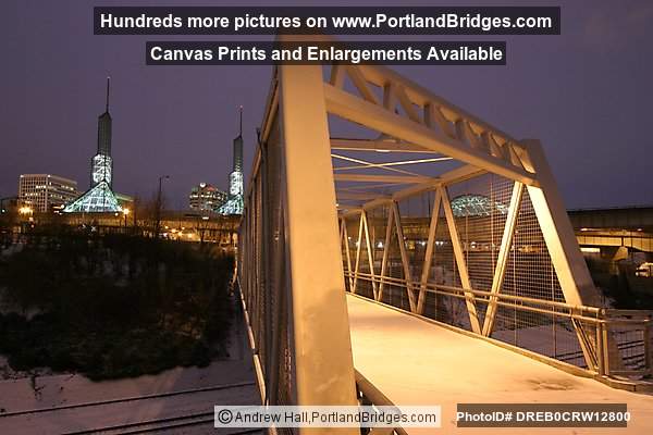 Rose Quarter Pedestrian Bridge to Eastbank Esplanade, Snowy, Night (Portland, Oregon)