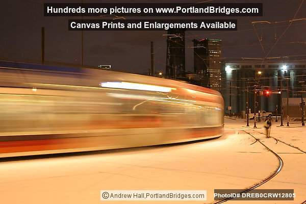 MAX Train, Long Exposure, in the Snow, Rose Quarter (Portland, Oregon)